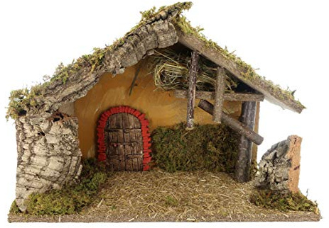 BERTONI leer Krippe Holz Hütte mit ARC Tür, Holz, Mehrfarbig, 42 x 18 x 28 cm
