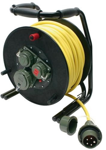 Dönges Leitungsroller THW 230 V/400 V, 16 A, L1/L2 (THW Energieverteiler Starkstrom) Eingang: 1 x Stecker CEE 5-pol IP67/Ausgang: 1 x Kupplung CEE 5-pol IP67/Ausgang 2: 2 x Kupplung Schuko IP68