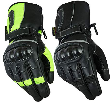 Texpeed Leather Motorcycle Waterproof Armoured Gloves | Yellow Hi Vis: L | EN 13594 Motorbike Reinforced Gloves, Textile & Leather, Biker Knuckle Armour, Long Cuffed, Waterproof