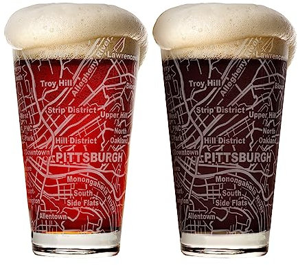 Greenline Goods Beer Glasses - 16 oz Drinkware Set for Pittsburgh lovers - Set of 2 - Etched with Pittsburgh, PA Map - Premium Decorative Glassware