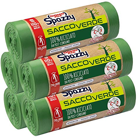 Domopak Spazzy Cuki0 - Bolsas de red para saco de color verde, enrollables y cierres 100% reciclados de post-consumo – Condominial 110 litros – Verde – 5 paquetes de 10 unidades – 1970 g