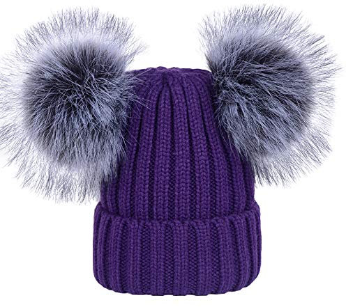 SWECOMZE Damen Strick-Mütze Wintermütze gefüttert mit Fell-Bommel, Kunstfell, Winter-Mütze, Warme Bommelmütze (Lila)