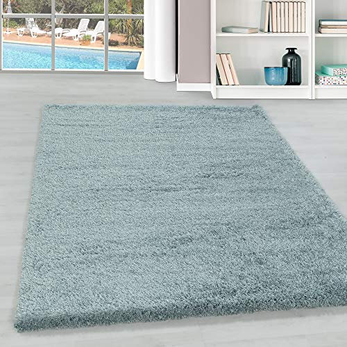 Hochflor Teppich Wohnzimmer Einfarbig Schlafzimmer Esszimmer Flur Läufer Unicolor & Einfarbig Weich & Flauschig Langflor Pflegeleicht Läufer Teppich in Farbe: Blau, Grösse: 80 x 250 cm