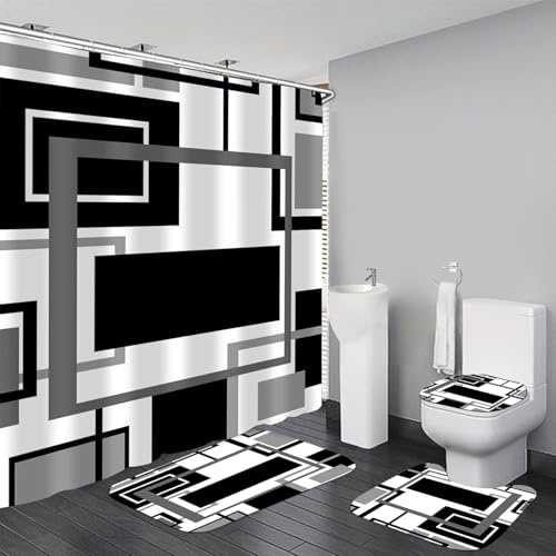 Yddsky 4 Pcs Black Geometric Shower Curtain Sets with Rugs Black Bathroom Sets with Shower Curtain and Rugs Modern Bathroom Curtains Shower Set with Toilet Lid Cover for Bathroom Decor Accessories