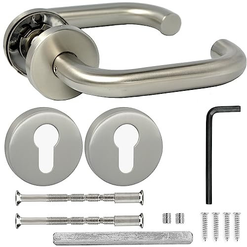 HardwareStore Türgriff Edelstahl Türklinke Türbeschlag U-Form Drückergarnitur PZ Profilzylinder Rund Oval Rosette NEU mit Feder (Rund Rosette)