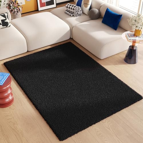 TAPISO Essence Teppich Hochflor Langflor Shaggy Schwarz Rechteckig Super Weich Felloptik Schlafzimmer Wohnzimmer ÖKO-TEX 120 x 170 cm