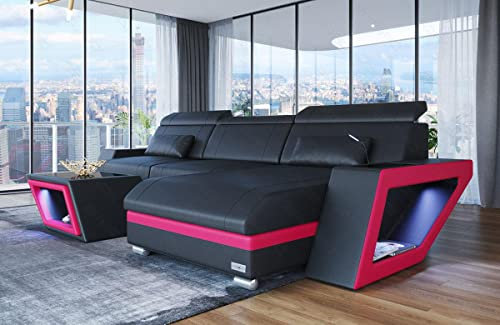 Ledersofa Catania in der L-Form als Ecksofa mit Beleuchtung Sofa mit USB-Anschluss Kopfstützen Moderne Couch LED Licht (Ottomane rechts, Schwarz-Pink)