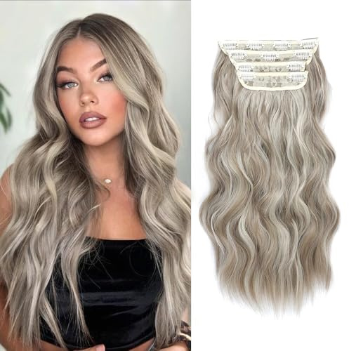 Haarverlängerungen zum Anklippen, lang, gewellt, Aschblond, Platinblond, für den gesamten Kopf, Kunstfaser, Haarteile für Damen, 4 Stück