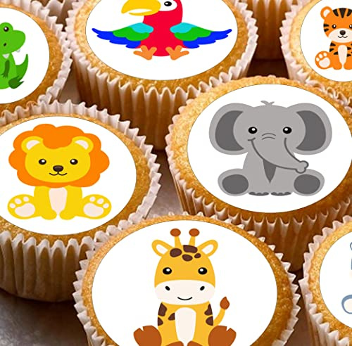 cakes 24 edible PRE CUT Jungle animals kids childrens party decorations Wafer Paper Cupcake Topper Cake, 4.2cm