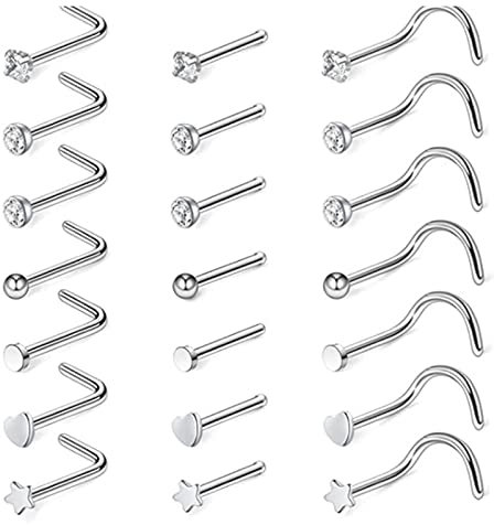 Lieson 21 Stück Nasenring Edelstahl 20G Nasenringe Set Nasenstecker L Form und Gerade Stab Ohrstecker Stern Herz Zirkonia Piercing Septum Knorpel Tragus Helix Ohrringe Silber