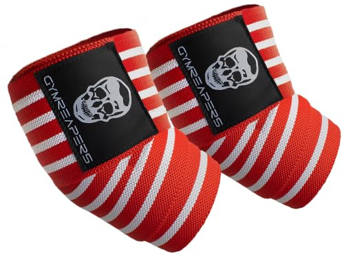 Gymreapers Gewichtheben, Ellenbogenbandage, flexibel, 101,6 cm, Ellenbogen-Kompressionsriemen und Gelenkbandage, für Bankdrücken, Powerlifting und Drücken (rot/weiß)