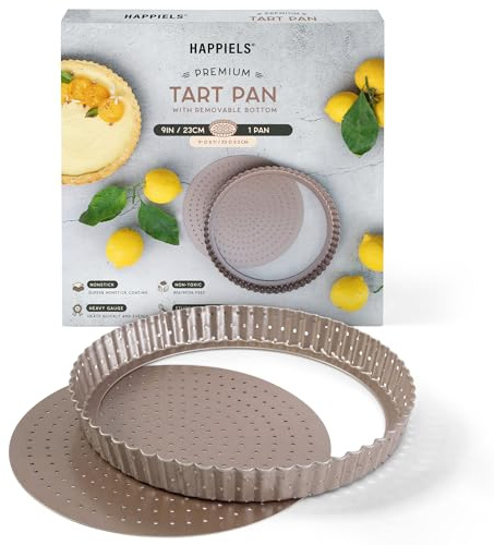 HAPPIELS Nonstick 9 Inch Tart Pan with Removable Bottom | PFOA & BPA Free Non Toxic Fluted Pie & Quiche Tin | Best Perforated Non Stick Nontoxic 9in Molds with Holes for Baking