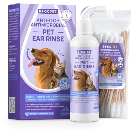 HICC PET Limpiador de Oídos para Perros y Gatos - Elimina Residuos, Cera y Mal Olor - Cuidado de Los Oídos para Perros, Apto para Todas Las Razas de Gatos y Perros