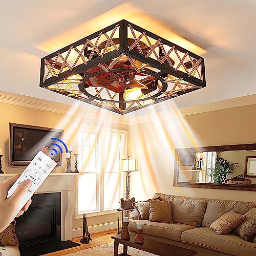 KZT Retro Ceiling Fan with Lighting E27 Bulb Cage Fandelier with Remote Control Creative Hemp Rope Ceiling Fan Light 6 Speed Timing for Living Room Bedroom Kitchen Dining Room Cafe Restaurants