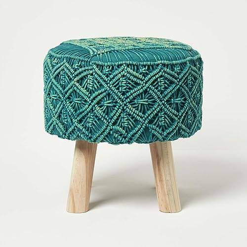 Homescapes Willow Makramee-Hocker Boho Style Petrol-grün 41x43 cm, Stoff-Hocker rund, grüner Hocker mit Holzbeinen