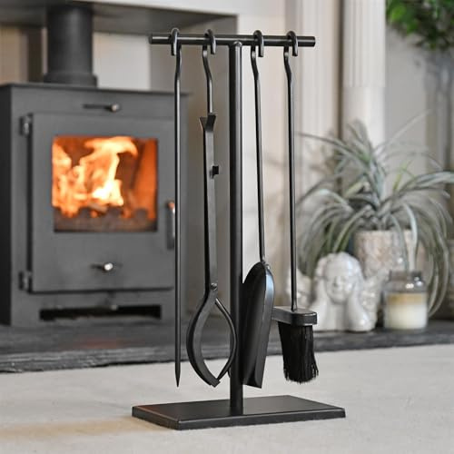 Simplistic Hook Rail 54cm Fireplace Accessories Companion Set - Fireside Tools with Poker, Tongs, Brush and Pan - Elegant and Functional Fireside Companion Set for Fire Log Burner