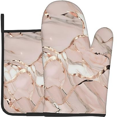 Topflappen und Ofenhandschuhe Set – hitzebeständiges Küchenzubehör schützt Ihre Hände vor heißen Töpfen, Roségold-Marmor