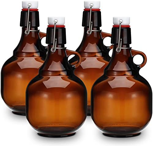 Dandat Growler für Bier, bernsteinfarbene Glasflaschen, Bierflaschen, Glasbehälter mit Deckel, Flüssigkeitskrüge, Limonade, Apfelwein, Alkohol, Wein, Heimbrauen, Gären, 4 Stück