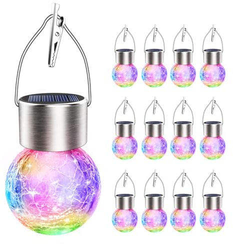 Ahongem Solar Hanging Lanterns Outdoor: 12 Pack Cracked Glass Ball Lights with Clip - Waterproof Color Changing Globe Decorative Garden Tree Fence - Gardening Holiday Gifts for Women