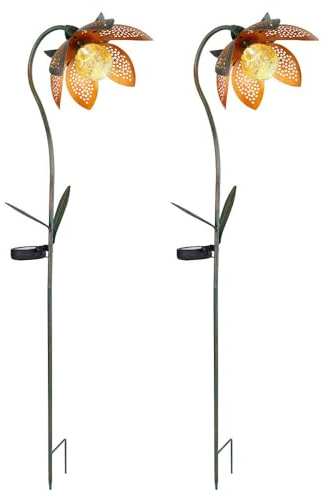 Solarleuchte Blume Erdspieß Gartenstecker Solarblume gold grün Steckleuchte Blüte, Kugel Bruchglas amber, LED kaltweiß, LxBxH 25x15x90 cm, 2er Set