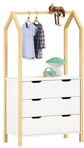 Commode enfant AMIRA H 152 cm en bois massif coloris naturel et blanc type Montessori avec 3 tiroirs et 1 tringle, meuble de rangement pour chambre enfant en forme de maison, pour garçon ou fille
