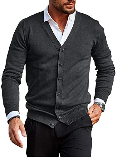 Runcati Cardigan da uomo senza collo scollo a V Cardigan maglia camicia giacca leggera mezza stagione, grigio., M