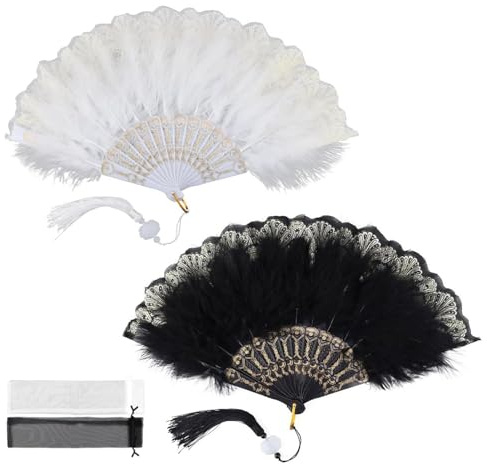 WJUAN 2 Stück Fächer, Fächer Vintage, Faltbar, Klassisches Schwarz und Weiß, Handfacher, Kunststoffbandfeder, Elegantes Quasten-Design, Geeignet für Hochzeiten, Bankette, Tänze
