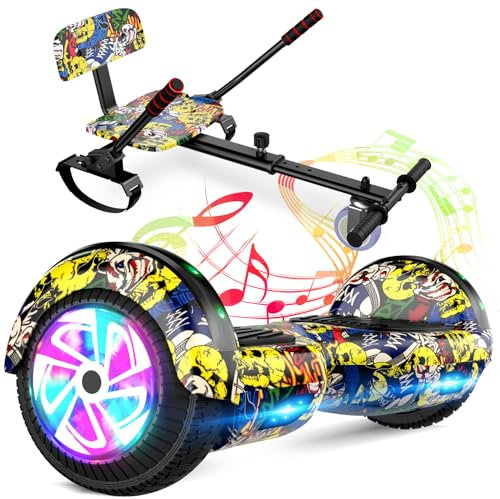 Hoverboard mit Sitzbefestigung Combo, 6,5-Zoll-Selbst Balancing Hover Boards mit Bluetooth-Lautsprecher und LED-Lichter für Kinder Mädchen Jungen (einschließlich Go-Kart)