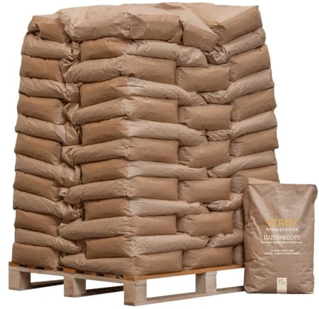 STROY Luzernecobs Luzernepellets Luzerne Cobs Pellet Klee Alfalfa Grascobs Pferdefutter Futter Für Großtiere Kleintiere 15kg x 65 Sack 975kg / 1 Palette Paligo