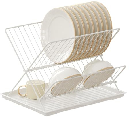 Égouttoir à vaisselle, égouttoir à vaisselle à 2 niveaux, avec design pliable peu encombrant et construction robuste, noir/blanc/fer, pour couverts, assiettes, plats