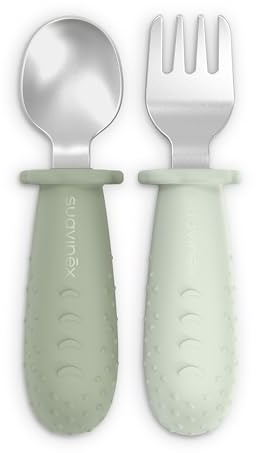 Suavinex Posate Apprendimento Bambini, Cucchiaio e Forchetta, +6 Mesi, Verde