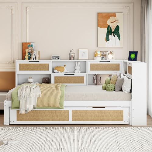 Wiuzo Holz Schlafsofa 90 * 200 mit Ausziehbett Multifunktionales Einzelbett Kinderbett mit vielen Staufächern und Ladeanschluss Weiß