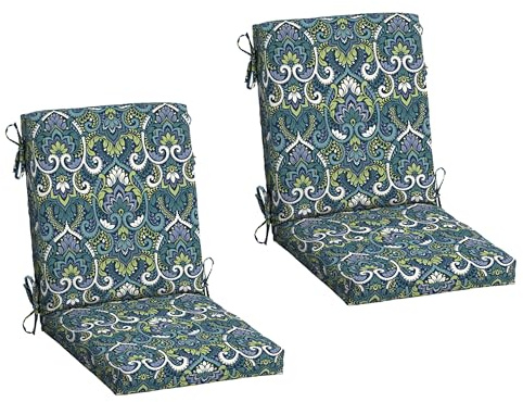 Arden 2-Pack Outdoor Patio Dining Chair Cushion, 20x44, Rain-Proof Seat Pad, Fade-Resistant Outdoor Cushion Sapphire Aurora Blue Damask
