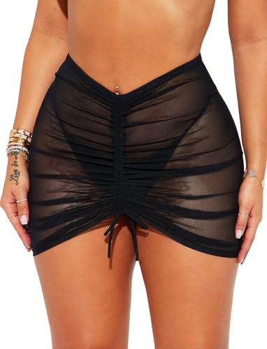TZLDN Beach Bikini Coverups for Women Skirts Swim Cover Ups Skirts Lace Sheer Mesh Bodycon Festival Party Outfits Wear Black S