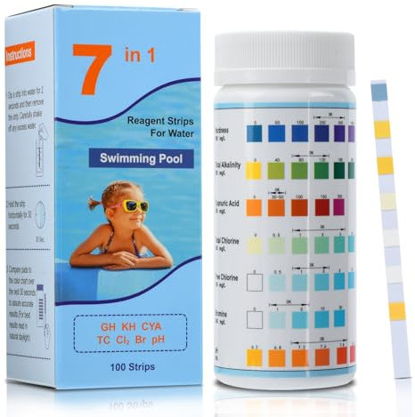 Strisce reattive per piscina 7 in 1 per spa, kit di analisi dell'acqua Aideepen da 100 stick, tester accurato per piscina per pH, durezza, cloro totale, cloro residuo, alcalinità totale, ecc.