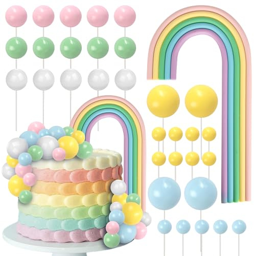 Xsstarmi 28 Pack Rainbow DIY Cake Topper Decoration Set With Balloons Foam Balls Cake Pick for Baby Shower Birthday Anniversary Party Cake Decorations Supplies Colorful