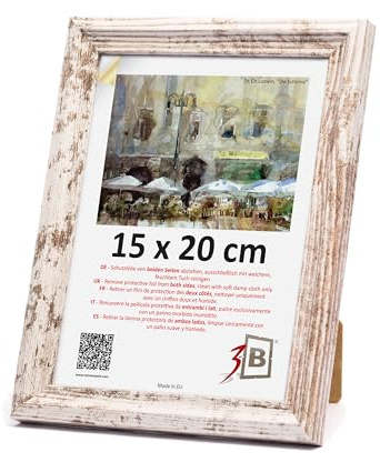 3-B Marcos de fotos MORI - Blanco vintage (rústico con veta de madera visible) - 15 x 20 cm - Marco de madera, marco para fotos, marco para retratos con vidrio acrílico