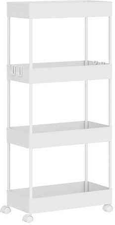 Klihome Carrello da Cucina con Ruote, Carrello a 4 Livelli, Carrellino Portaoggetti Stretto con 4 Ganci, Scaffale da Cucina, Bagno e Lavanderia, 39x20,5x84 cm, Bianco