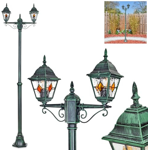 HOFSTEIN Kandelaber Naofe, Außenwegeleuchte aus Metall/Glas in Schwarz/Grün/Klar/Orange, Wegebeleuchtung 220 cm, 2 x E27, IP44, Wegeleuchte im Vintage-Design für Garten, Außenbereich, Hof