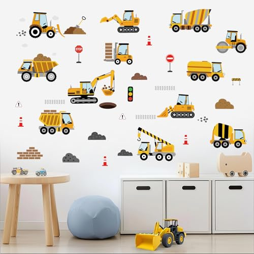 SHUCHING Construction Vehicle Wall Decals Peel and Stick, Vinyl Truck Car Wall Sticker, Digger Wall Decor for Nursery Baby Playroom Kids Bedroom