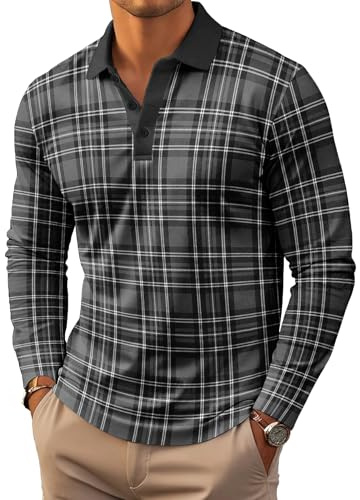 Mens Long Sleeve Polo Shirts Print Casual Vintage Classic Golf Shirt