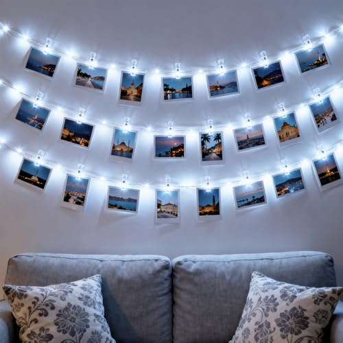 litogo Photo Clip String Lights Cool White, 50LED 5M Pegs Fairy Light Battery Operated, Silver Wire Polaroid Picture Hanging Display for Bedroom Christmas Birthday Party Decorations