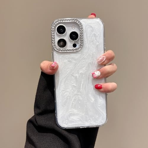 PONRFEKT Funda Textura Perla con Brillo para Motorola Moto E13,Carcasa TPU Suave antigolpes con aro de cámara Strass Elevado Funda para Mujer-Blanco