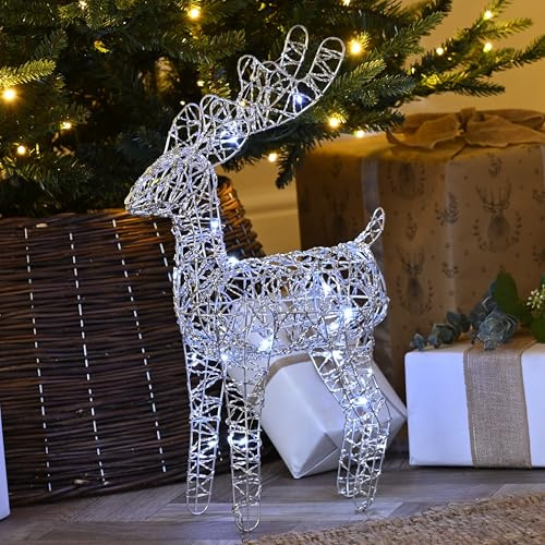 Festive Lights 37cm LED Rentier Weiß Silhouette 3D Silber Batterie Timer Rentier Belechtet Weihnachtsfigur Klein Fensterdeko Weihnachten Stehend
