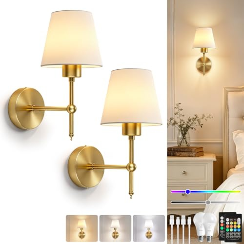 Dehobo Battery Operated Wall Lights Set of 2, Rechargeable Wall Lights Gold | Rechargeable Wall Sconces with Fabric Shade, Dimmable Wireless Lamp with Remote, 3CCT 12 RGB, Decor for Bedroom Living Room