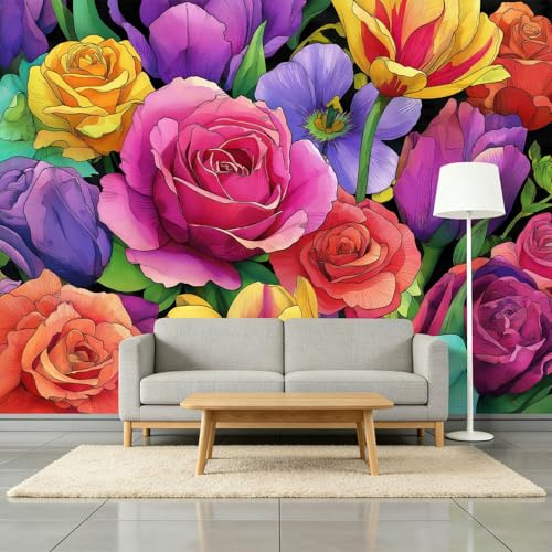 Carta da parati 3D disegnata a mano con piante, rose e tulipani, 200 x 140 cm, pittura ad acquerello, carta da parati in tessuto non tessuto, per soggiorno, camera da letto, camera dei bambini