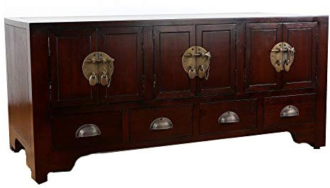 livasia Chinesisches Mahagoni Sideboard – 100x45x45cm – Handgefertigt mit Messingbeschlägen, Asiatische Kommode aus Massivholz im Antik Stil für Wohnzimmer und Flur (Braun)