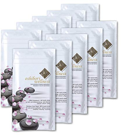 Coolike Oshibori Wellnesstücher | Frotteetücher zur Erfrischung | 10 Stück im hygienischen Einzelsachet mit Zipp-Verschluss