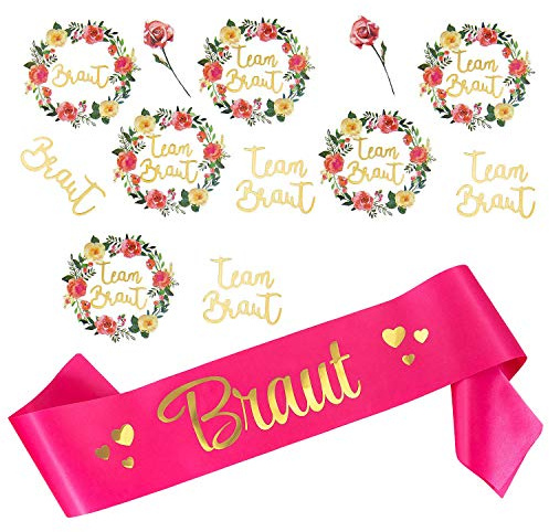 Oblique Unique® Braut Schärpe + Braut/Team Braut Tattoo Set für Junggesellinnenabschied JGA Hochzeit Hen Party Accessoires Pink Gold