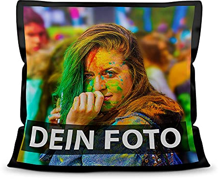 Foto-Kissen Selbst gestalten (45 x 45 cm) - mit Foto individuell bedruckt - Schwarz, satiniert / 100% Polyester / Inkl. Kissenfüllung / Personalisierte Geschenk-Idee / Kopfkissen mit eigenem Foto
